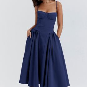 French-style Elegant Retro-style Dopamine Dress With A Strapless Design (Color: Dark Blue, size: M)