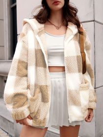 Plaid Print Teddy Hooded Coat, Casual Zip Up Long Sleeve Warm Outerwear, Women's Clothing (Color: Mixed Colors, size: M(6))