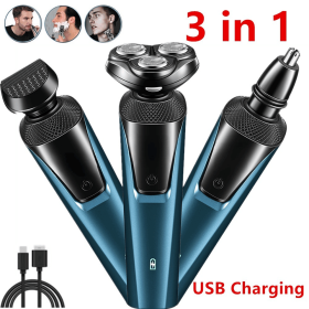 Electric Shaver Mens Razor Rotary Waterproof Pop-Up Trimmer Wet Dry Cordless (Color: Blue)
