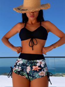 2026 New Black & Tropical Floral High-Waisted Bikini Women's Drawstring Side Tie Tummy Control Swimsuit for Beach Vacation, Casual Style (Color: black, size: S)